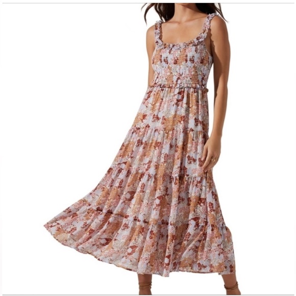 Astr Dresses & Skirts - Astr Floral Tiered Midi Dress - Pink and Brown